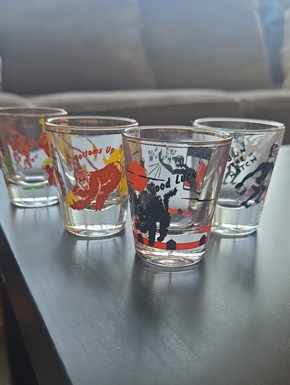 Federal Glass Set of 4 Vtg Kitch Cheeky Printed Shot Glasses 50s Novelty